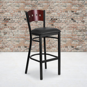 English Elm HERCULES Series Heavy-Duty Black Restaurant Barstool with Stylish Designer Back for Comfort & Durability Mahogany Wood Back/Black Vinyl Seat/Black Metal Frame XU-DG-60515-MAH-BAR-BLKV-GG