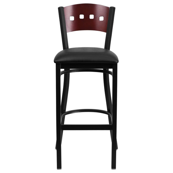 English Elm HERCULES Series Heavy-Duty Black Restaurant Barstool with Stylish Designer Back for Comfort & Durability Mahogany Wood Back/Black Vinyl Seat/Black Metal Frame XU-DG-60515-MAH-BAR-BLKV-GG