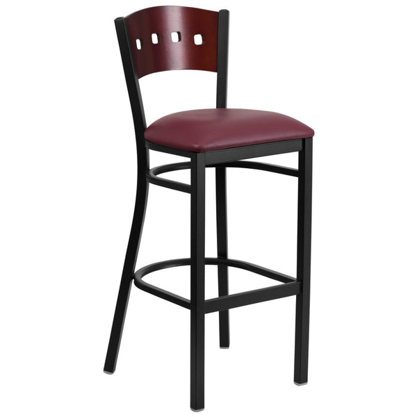 English Elm HERCULES Series Heavy-Duty Black Restaurant Barstool with Stylish Designer Back for Comfort & Durability Mahogany Wood Back/Burgundy Vinyl Seat/Black Metal Frame XU-DG-60515-MAH-BAR-BURV-GG