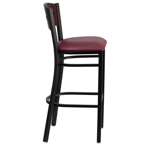 English Elm HERCULES Series Heavy-Duty Black Restaurant Barstool with Stylish Designer Back for Comfort & Durability Mahogany Wood Back/Burgundy Vinyl Seat/Black Metal Frame XU-DG-60515-MAH-BAR-BURV-GG