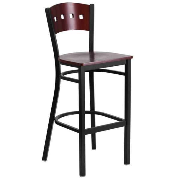 English Elm HERCULES Series Heavy-Duty Black Restaurant Barstool with Stylish Designer Back for Comfort & Durability Mahogany Wood Back/Mahogany Wood Seat/Black Metal Frame XU-DG-60515-MAH-BAR-MTL-GG