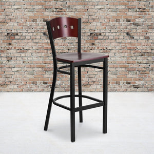 English Elm HERCULES Series Heavy-Duty Black Restaurant Barstool with Stylish Designer Back for Comfort & Durability Mahogany Wood Back/Mahogany Wood Seat/Black Metal Frame XU-DG-60515-MAH-BAR-MTL-GG