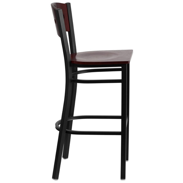 English Elm HERCULES Series Heavy-Duty Black Restaurant Barstool with Stylish Designer Back for Comfort & Durability Mahogany Wood Back/Mahogany Wood Seat/Black Metal Frame XU-DG-60515-MAH-BAR-MTL-GG