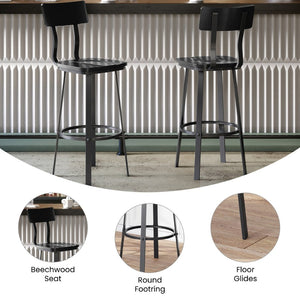 English Elm Flint Series Commercial Grade Barstool with Durable Steel Frame and Comfortable Beechwood Seat Black XU-DG-60582B-BLK-GG