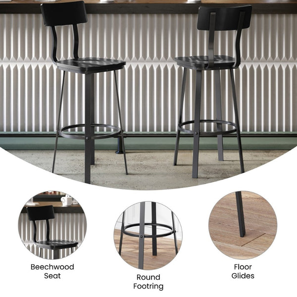 English Elm Flint Series Commercial Grade Barstool with Durable Steel Frame and Comfortable Beechwood Seat Black XU-DG-60582B-BLK-GG