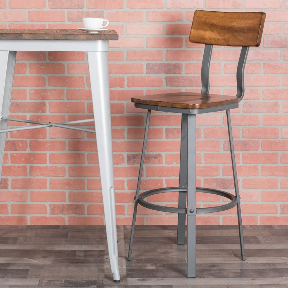 English Elm Flint Series Commercial Grade Barstool with Durable Steel Frame and Comfortable Beechwood Seat Rustic Walnut XU-DG-60582B-GG