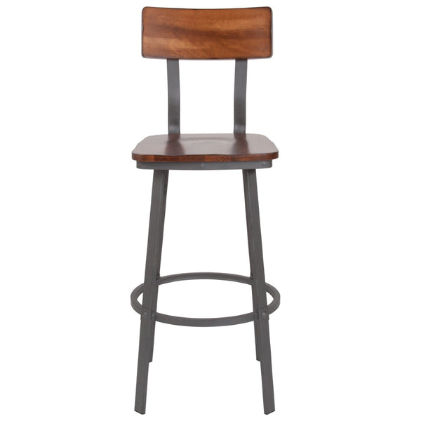 English Elm Flint Series Commercial Grade Barstool with Durable Steel Frame and Comfortable Beechwood Seat Rustic Walnut XU-DG-60582B-GG
