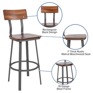 English Elm Flint Series Commercial Grade Barstool with Durable Steel Frame and Comfortable Beechwood Seat Rustic Walnut XU-DG-60582B-GG