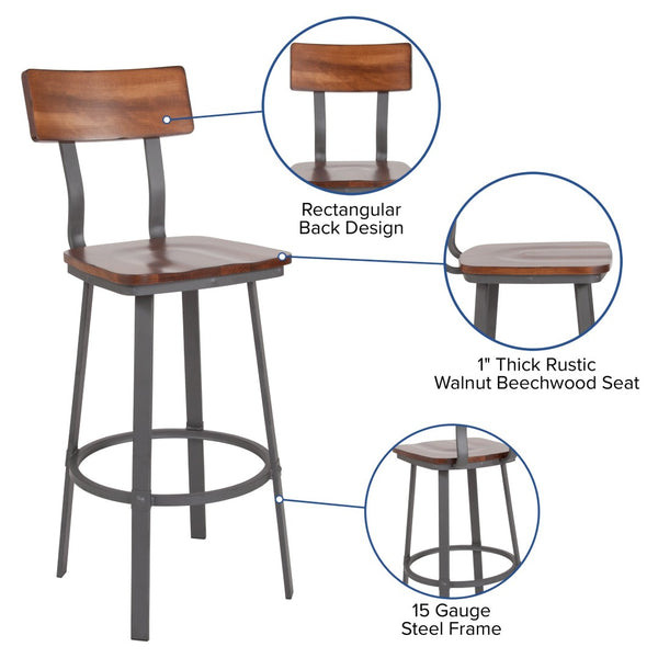English Elm Flint Series Commercial Grade Barstool with Durable Steel Frame and Comfortable Beechwood Seat Rustic Walnut XU-DG-60582B-GG