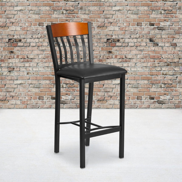 English Elm Eclipse Series Vertical Back Black Metal Barstool with Durable Vinyl Seat for Hospitality Use Cherry XU-DG-60618B-CHY-BLKV-GG
