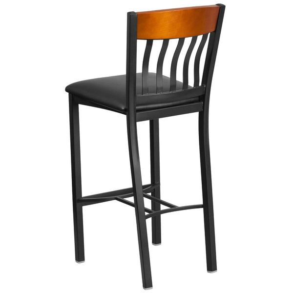 English Elm Eclipse Series Vertical Back Black Metal Barstool with Durable Vinyl Seat for Hospitality Use Cherry XU-DG-60618B-CHY-BLKV-GG