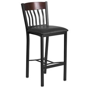 English Elm Eclipse Series Vertical Back Black Metal Barstool with Durable Vinyl Seat for Hospitality Use Walnut XU-DG-60618B-WAL-BLKV-GG