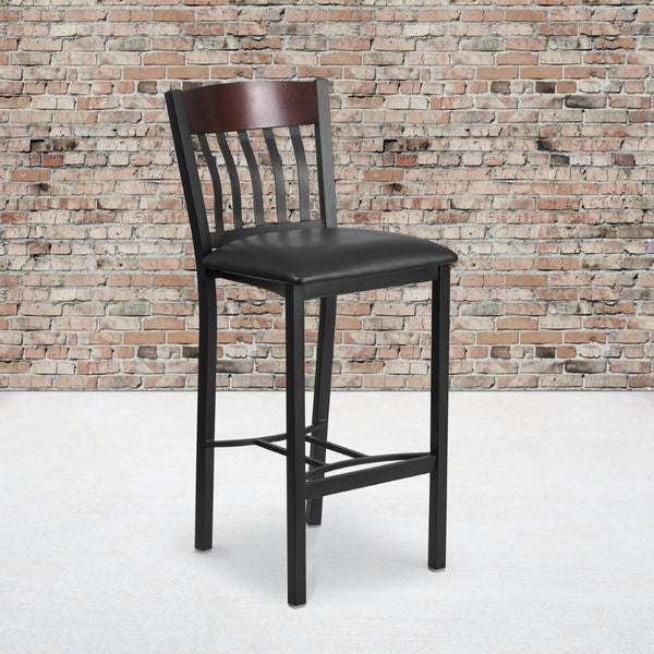 English Elm Eclipse Series Vertical Back Black Metal Barstool with Durable Vinyl Seat for Hospitality Use Walnut XU-DG-60618B-WAL-BLKV-GG