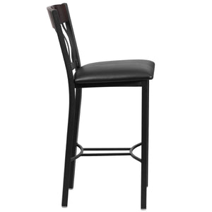 English Elm Eclipse Series Vertical Back Black Metal Barstool with Durable Vinyl Seat for Hospitality Use Walnut XU-DG-60618B-WAL-BLKV-GG