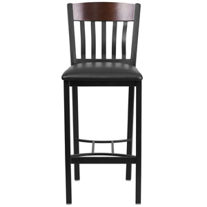 English Elm Eclipse Series Vertical Back Black Metal Barstool with Durable Vinyl Seat for Hospitality Use Walnut XU-DG-60618B-WAL-BLKV-GG