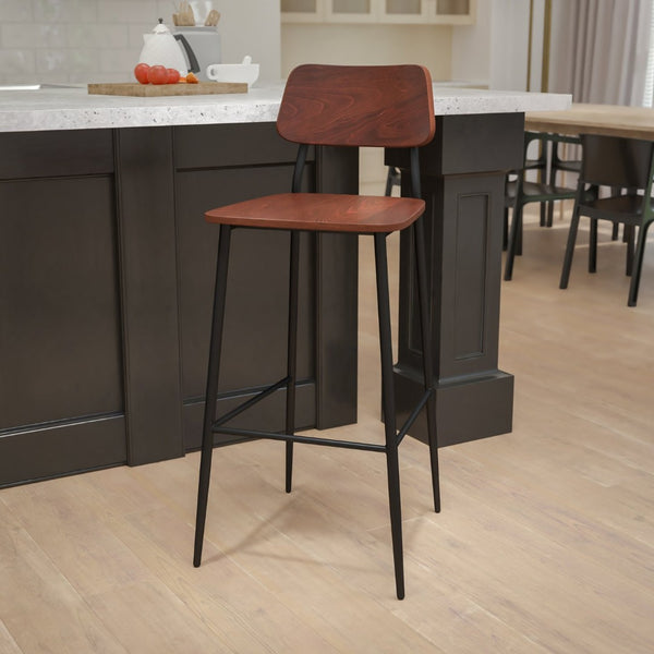 English Elm Lincoln Industrial Barstool with Durable Gunmetal Frame and Cozy Mahogany Seat for Any Space XU-DG-60725B-GG