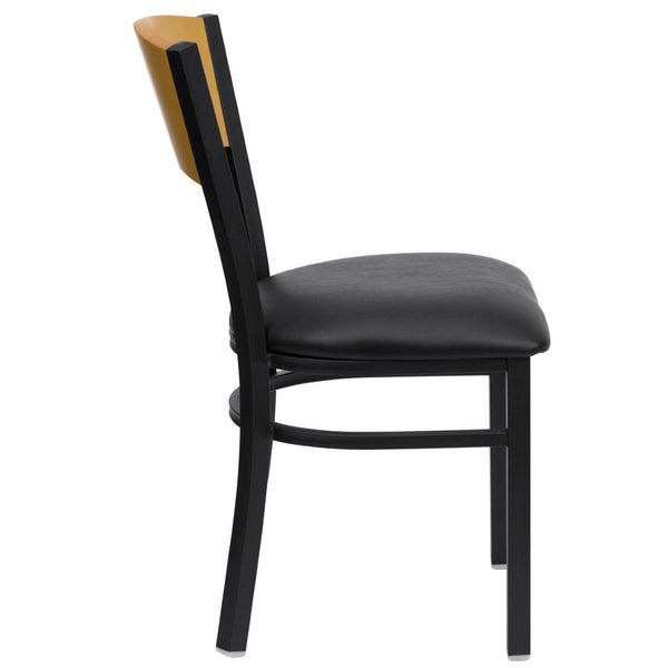 English Elm HERCULES Series Stylish Metal Restaurant Chair - Durable, Comfortable Seating for Home or Commercial Use Natural Wood Back/Black Vinyl Seat/Black Metal Frame XU-DG-6F2B-CIR-BLKV-GG