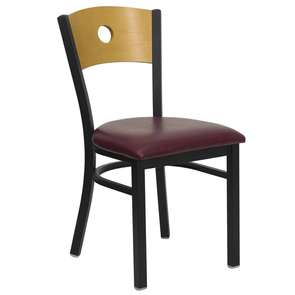 English Elm HERCULES Series Stylish Metal Restaurant Chair - Durable, Comfortable Seating for Home or Commercial Use Natural Wood Back/Burgundy Vinyl Seat/Black Metal Frame XU-DG-6F2B-CIR-BURV-GG