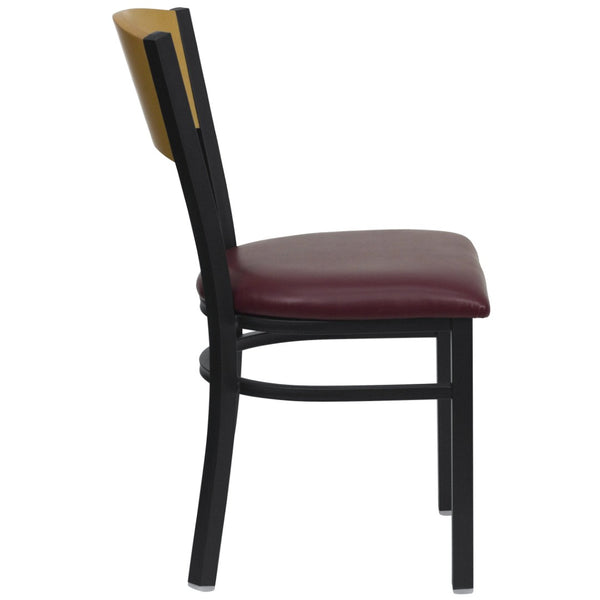 English Elm HERCULES Series Stylish Metal Restaurant Chair - Durable, Comfortable Seating for Home or Commercial Use Natural Wood Back/Burgundy Vinyl Seat/Black Metal Frame XU-DG-6F2B-CIR-BURV-GG