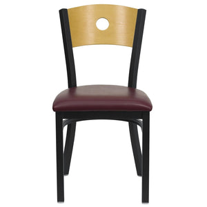 English Elm HERCULES Series Stylish Metal Restaurant Chair - Durable, Comfortable Seating for Home or Commercial Use Natural Wood Back/Burgundy Vinyl Seat/Black Metal Frame XU-DG-6F2B-CIR-BURV-GG