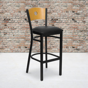 English Elm HERCULES Series Durable Metal Barstool with Classic Design, Comfortable Seat & Heavy-Duty Support Natural Wood Back/Black Vinyl Seat/Black Metal Frame XU-DG-6F6B-CIR-BAR-BLKV-GG