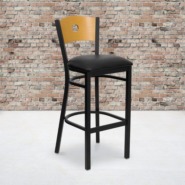 English Elm HERCULES Series Durable Metal Barstool with Classic Design, Comfortable Seat & Heavy-Duty Support Natural Wood Back/Black Vinyl Seat/Black Metal Frame XU-DG-6F6B-CIR-BAR-BLKV-GG