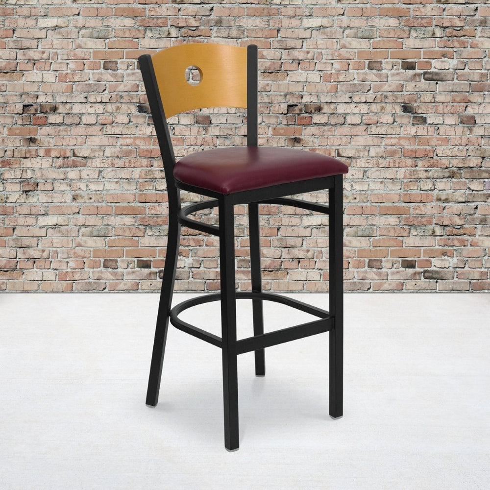English Elm HERCULES Series Durable Metal Barstool with Classic Design, Comfortable Seat & Heavy-Duty Support Natural Wood Back/Burgundy Vinyl Seat/Black Metal Frame XU-DG-6F6B-CIR-BAR-BURV-GG