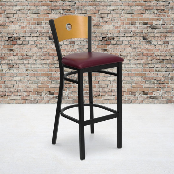 English Elm HERCULES Series Durable Metal Barstool with Classic Design, Comfortable Seat & Heavy-Duty Support Natural Wood Back/Burgundy Vinyl Seat/Black Metal Frame XU-DG-6F6B-CIR-BAR-BURV-GG