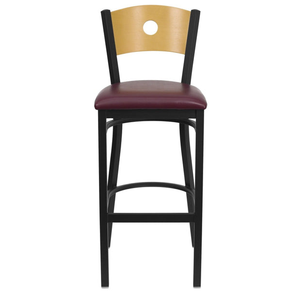 English Elm HERCULES Series Durable Metal Barstool with Classic Design, Comfortable Seat & Heavy-Duty Support Natural Wood Back/Burgundy Vinyl Seat/Black Metal Frame XU-DG-6F6B-CIR-BAR-BURV-GG
