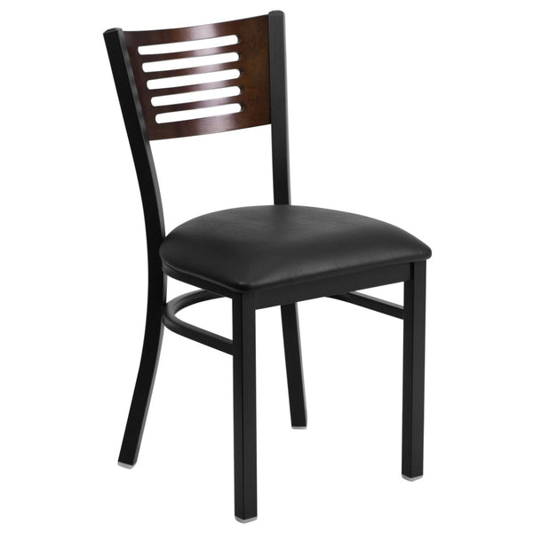 English Elm HERCULES Series Durable Slat Back Metal Restaurant Chair for Stylish Dining in Homes and Cafés Walnut Wood Back/Black Vinyl Seat/Black Metal Frame XU-DG-6G5B-WAL-BLKV-GG