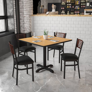 English Elm HERCULES Series Durable Slat Back Metal Restaurant Chair for Stylish Dining in Homes and Cafés Walnut Wood Back/Black Vinyl Seat/Black Metal Frame XU-DG-6G5B-WAL-BLKV-GG