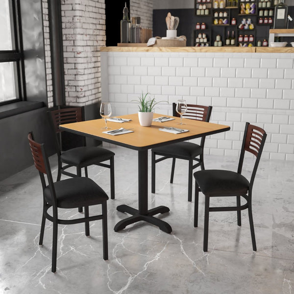English Elm HERCULES Series Durable Slat Back Metal Restaurant Chair for Stylish Dining in Homes and Cafés Walnut Wood Back/Black Vinyl Seat/Black Metal Frame XU-DG-6G5B-WAL-BLKV-GG