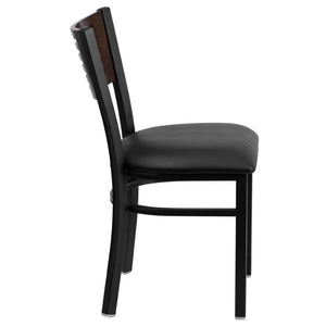 English Elm HERCULES Series Durable Slat Back Metal Restaurant Chair for Stylish Dining in Homes and Cafés Walnut Wood Back/Black Vinyl Seat/Black Metal Frame XU-DG-6G5B-WAL-BLKV-GG