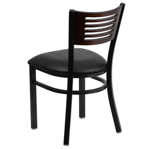 English Elm HERCULES Series Durable Slat Back Metal Restaurant Chair for Stylish Dining in Homes and Cafés Walnut Wood Back/Black Vinyl Seat/Black Metal Frame XU-DG-6G5B-WAL-BLKV-GG