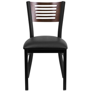 English Elm HERCULES Series Durable Slat Back Metal Restaurant Chair for Stylish Dining in Homes and Cafés Walnut Wood Back/Black Vinyl Seat/Black Metal Frame XU-DG-6G5B-WAL-BLKV-GG