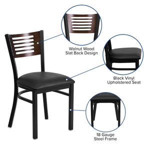 English Elm HERCULES Series Durable Slat Back Metal Restaurant Chair for Stylish Dining in Homes and Cafés Walnut Wood Back/Black Vinyl Seat/Black Metal Frame XU-DG-6G5B-WAL-BLKV-GG