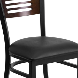 English Elm HERCULES Series Durable Slat Back Metal Restaurant Chair for Stylish Dining in Homes and Cafés Walnut Wood Back/Black Vinyl Seat/Black Metal Frame XU-DG-6G5B-WAL-BLKV-GG