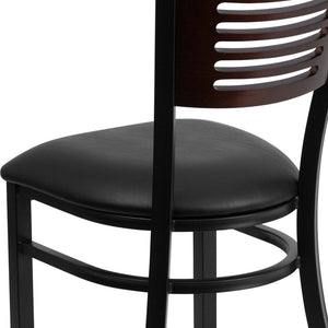 English Elm HERCULES Series Durable Slat Back Metal Restaurant Chair for Stylish Dining in Homes and Cafés Walnut Wood Back/Black Vinyl Seat/Black Metal Frame XU-DG-6G5B-WAL-BLKV-GG