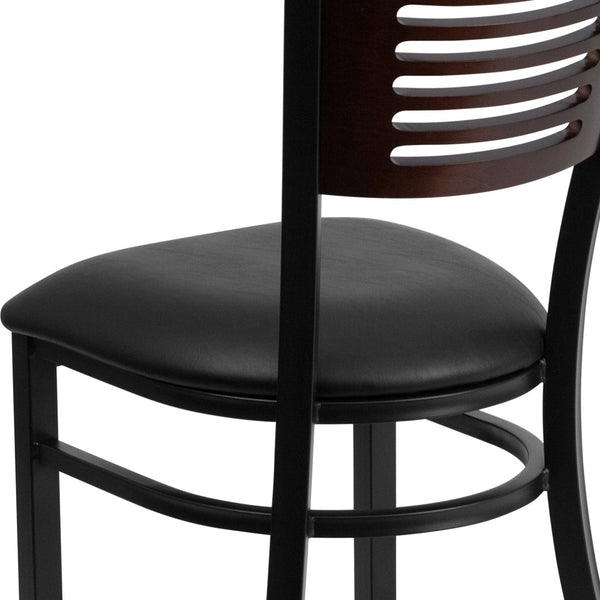English Elm HERCULES Series Durable Slat Back Metal Restaurant Chair for Stylish Dining in Homes and Cafés Walnut Wood Back/Black Vinyl Seat/Black Metal Frame XU-DG-6G5B-WAL-BLKV-GG