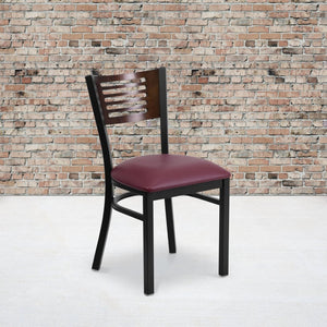 English Elm HERCULES Series Durable Slat Back Metal Restaurant Chair for Stylish Dining in Homes and Cafés Walnut Wood Back/Burgundy Vinyl Seat/Black Metal Frame XU-DG-6G5B-WAL-BURV-GG