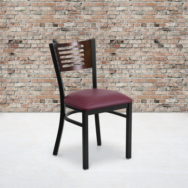 English Elm HERCULES Series Durable Slat Back Metal Restaurant Chair for Stylish Dining in Homes and Cafés Walnut Wood Back/Burgundy Vinyl Seat/Black Metal Frame XU-DG-6G5B-WAL-BURV-GG