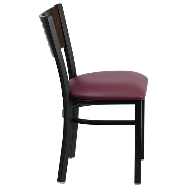 English Elm HERCULES Series Durable Slat Back Metal Restaurant Chair for Stylish Dining in Homes and Cafés Walnut Wood Back/Burgundy Vinyl Seat/Black Metal Frame XU-DG-6G5B-WAL-BURV-GG