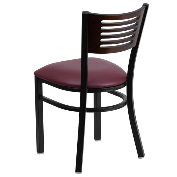 English Elm HERCULES Series Durable Slat Back Metal Restaurant Chair for Stylish Dining in Homes and Cafés Walnut Wood Back/Burgundy Vinyl Seat/Black Metal Frame XU-DG-6G5B-WAL-BURV-GG