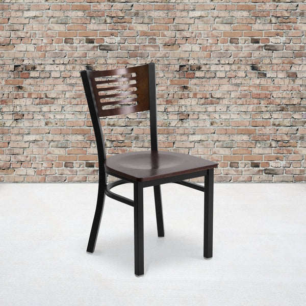 English Elm HERCULES Series Durable Slat Back Metal Restaurant Chair for Stylish Dining in Homes and Cafés Walnut Wood Back/Walnut Wood Seat/Black Metal Frame XU-DG-6G5B-WAL-MTL-GG