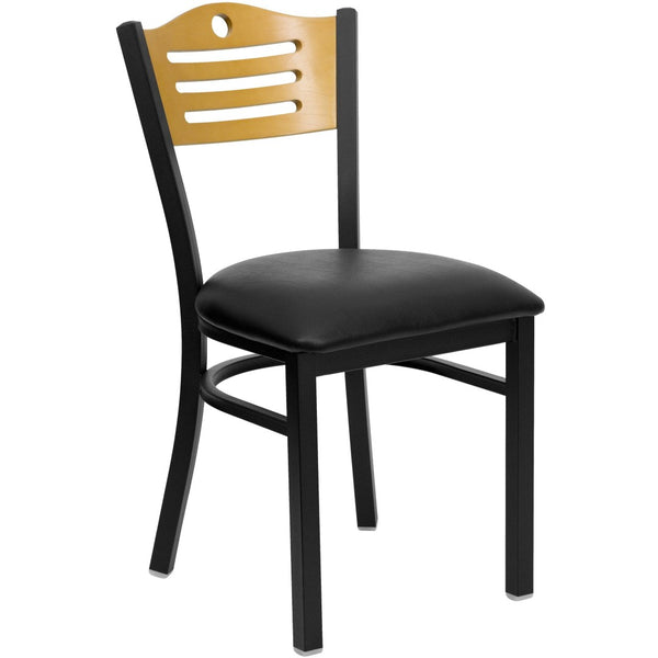 English Elm HERCULES Series Metal Slat-Back Chair - Stylish, Durable Seating for Restaurants, Cafes, and Homes Natural Wood Back/Black Vinyl Seat/Black Metal Frame XU-DG-6G7B-SLAT-BLKV-GG