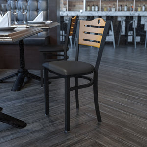 English Elm HERCULES Series Metal Slat-Back Chair - Stylish, Durable Seating for Restaurants, Cafes, and Homes Natural Wood Back/Black Vinyl Seat/Black Metal Frame XU-DG-6G7B-SLAT-BLKV-GG