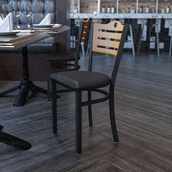 English Elm HERCULES Series Metal Slat-Back Chair - Stylish, Durable Seating for Restaurants, Cafes, and Homes Natural Wood Back/Black Vinyl Seat/Black Metal Frame XU-DG-6G7B-SLAT-BLKV-GG