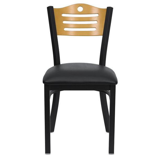 English Elm HERCULES Series Metal Slat-Back Chair - Stylish, Durable Seating for Restaurants, Cafes, and Homes Natural Wood Back/Black Vinyl Seat/Black Metal Frame XU-DG-6G7B-SLAT-BLKV-GG