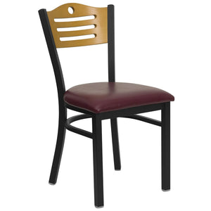 English Elm HERCULES Series Metal Slat-Back Chair - Stylish, Durable Seating for Restaurants, Cafes, and Homes Natural Wood Back/Burgundy Vinyl Seat/Black Metal Frame XU-DG-6G7B-SLAT-BURV-GG