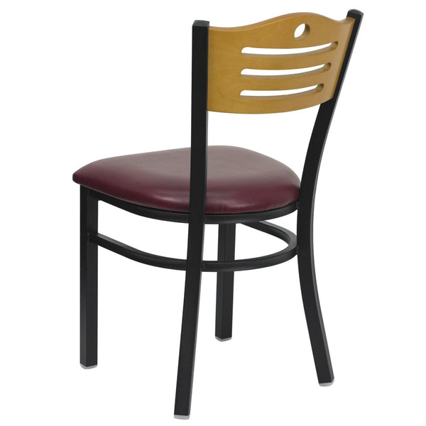 English Elm HERCULES Series Metal Slat-Back Chair - Stylish, Durable Seating for Restaurants, Cafes, and Homes Natural Wood Back/Burgundy Vinyl Seat/Black Metal Frame XU-DG-6G7B-SLAT-BURV-GG